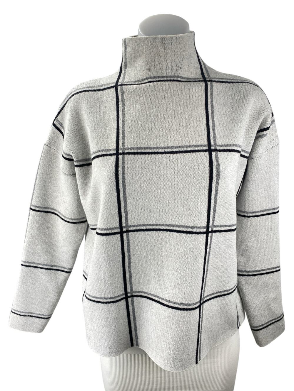 Tahari Women's White Windowpane Plaid Mock Neck Long Sleeve Sweater Top Size M